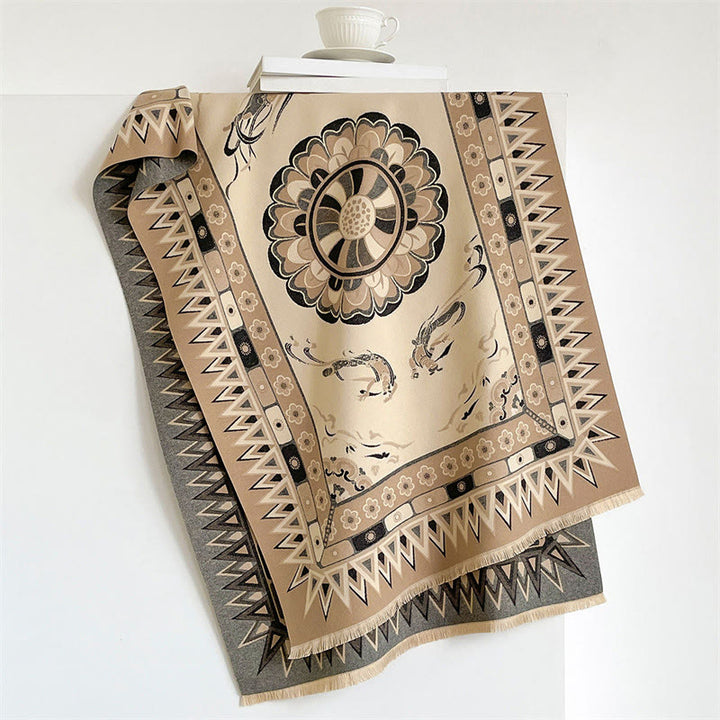 Buddha Stones Spring Fall Mandala Geometric Border Print Tassel Boho Shawl - Khaki - 185*65cm - image 2