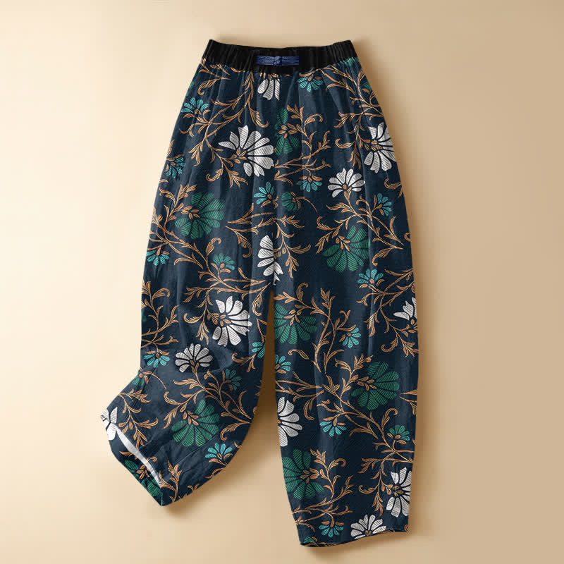 Buddha Stones Pure Cotton Botanical Flower Leaf Pattern Frog Button Women's Elastic Waist Harem Pants With Pockets - Navy - US16，UK/AU20，EU48 (3XL) - image 0