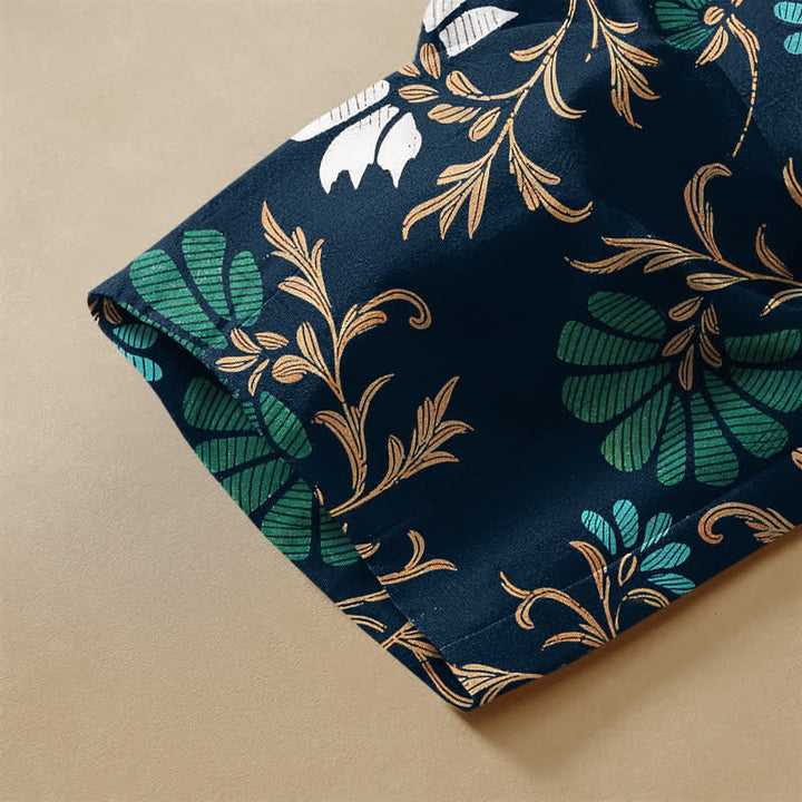 Buddha Stones Pure Cotton Botanical Flower Leaf Pattern Frog Button Women's Elastic Waist Harem Pants With Pockets - image 3