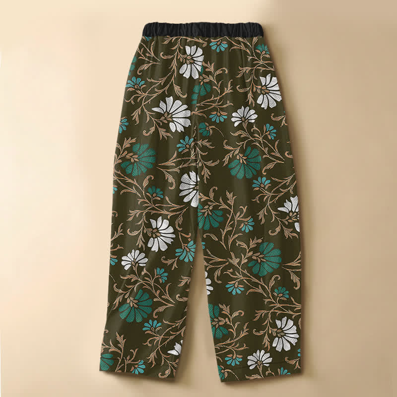 Buddha Stones Pure Cotton Botanical Flower Leaf Pattern Frog Button Women's Elastic Waist Harem Pants With Pockets - image 8
