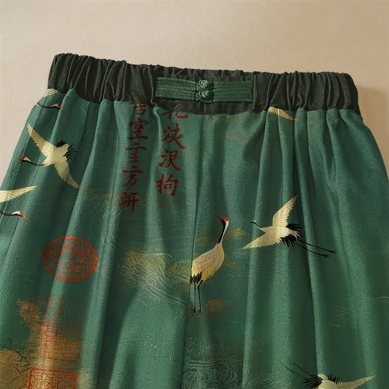 Buddha Stones Pure Cotton Vintage Crane Calligraphy Pattern Frog Button Women's Elastic Waist Harem Pants With Pockets - image 2