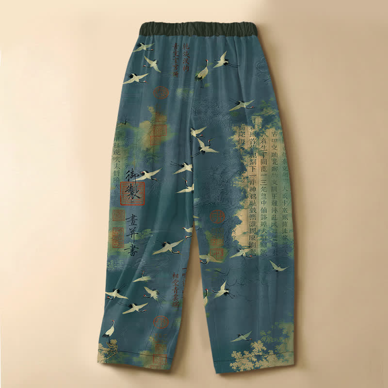 Buddha Stones Pure Cotton Vintage Crane Calligraphy Pattern Frog Button Women's Elastic Waist Harem Pants With Pockets - image 6