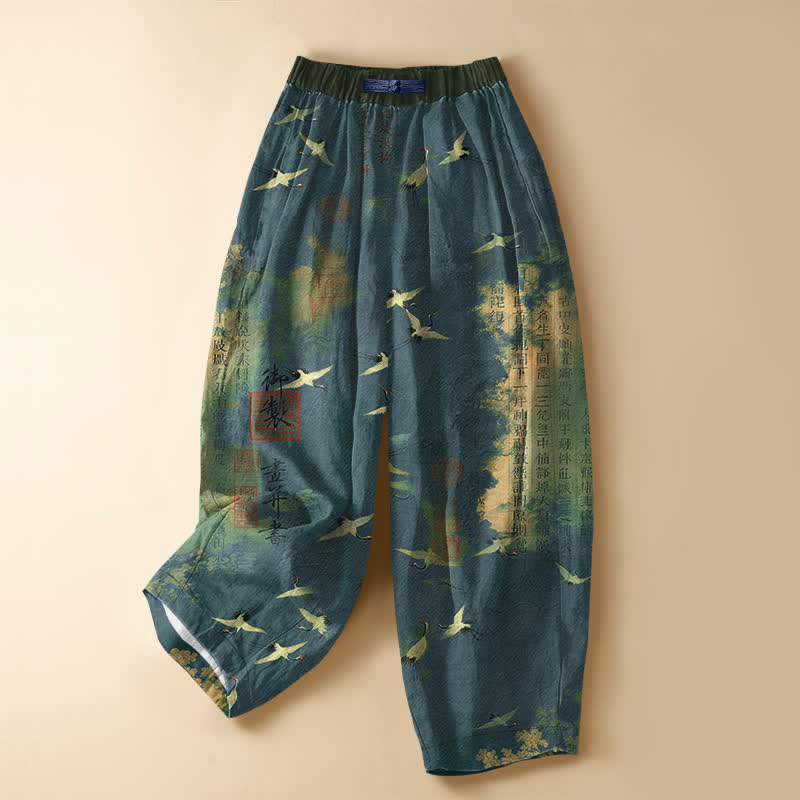 Buddha Stones Pure Cotton Vintage Crane Calligraphy Pattern Frog Button Women's Elastic Waist Harem Pants With Pockets - Teal - US16，UK/AU20，EU48 (3XL) - image 5