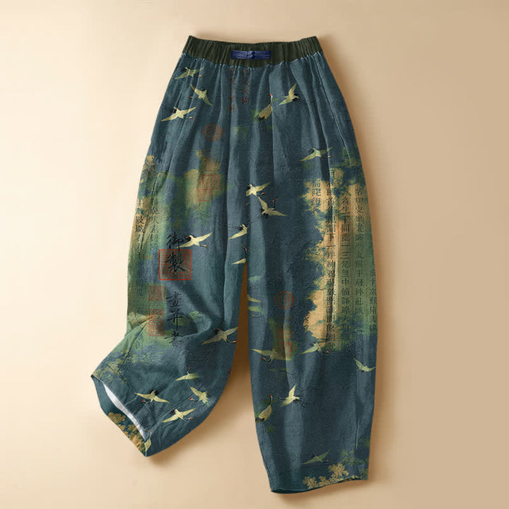 Buddha Stones Pure Cotton Vintage Crane Calligraphy Pattern Frog Button Women's Elastic Waist Harem Pants With Pockets - Teal - US16，UK/AU20，EU48 (3XL) - image 5