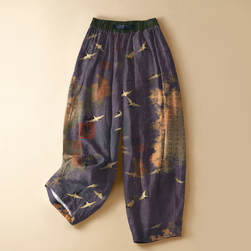 Buddha Stones Pure Cotton Vintage Crane Calligraphy Pattern Frog Button Women's Elastic Waist Harem Pants With Pockets - Indigo - US16，UK/AU20，EU48 (3XL) - image 7
