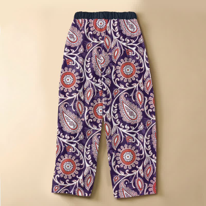 Buddha Stones Pure Cotton Bohemian Paisley Floral Pattern Frog Button Women's Elastic Waist Harem Pants With Pockets - image 6