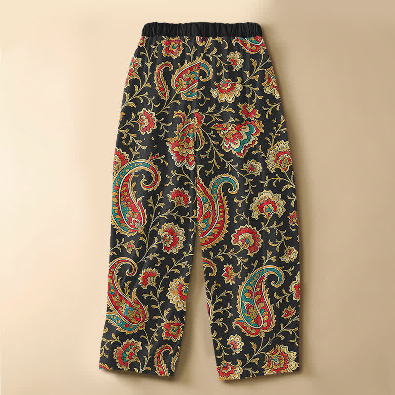 Buddha Stones Pure Cotton Retro Floral Scroll Pattern Frog Button Women's Elastic Waist Harem Pants With Pockets - image 1
