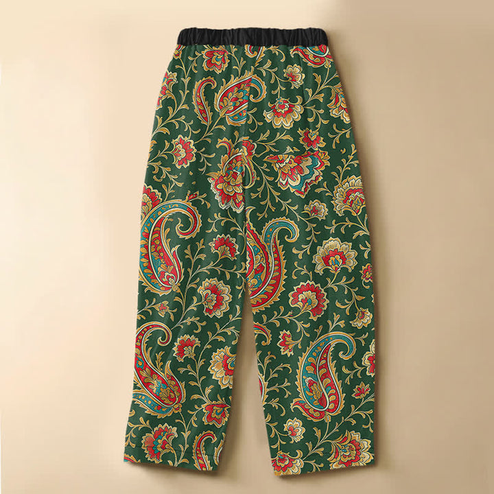 Buddha Stones Pure Cotton Retro Floral Scroll Pattern Frog Button Women's Elastic Waist Harem Pants With Pockets - image 6