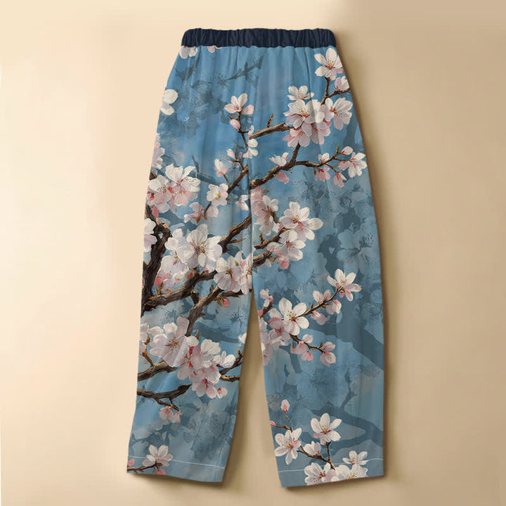 Buddha Stones Pure Cotton Vintage Sakura Branch Pattern Frog Button Women's Elastic Waist Harem Pants With Pockets - image 1