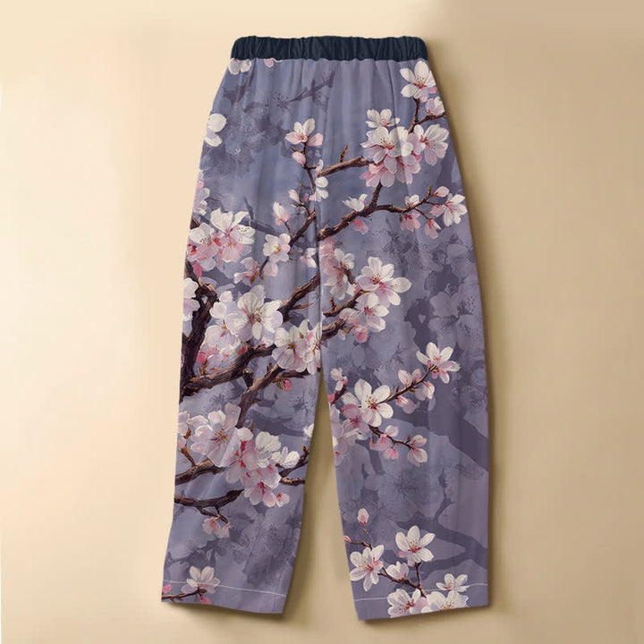 Buddha Stones Pure Cotton Vintage Sakura Branch Pattern Frog Button Women's Elastic Waist Harem Pants With Pockets - image 6