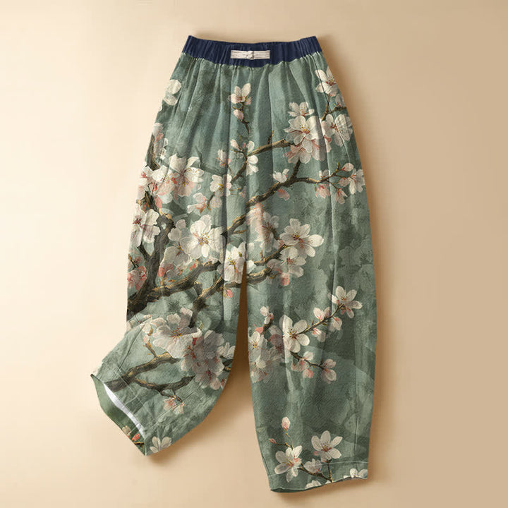 Buddha Stones Pure Cotton Vintage Sakura Branch Pattern Frog Button Women's Elastic Waist Harem Pants With Pockets - LightGreen - US16，UK/AU20，EU48 (3XL) - image 7