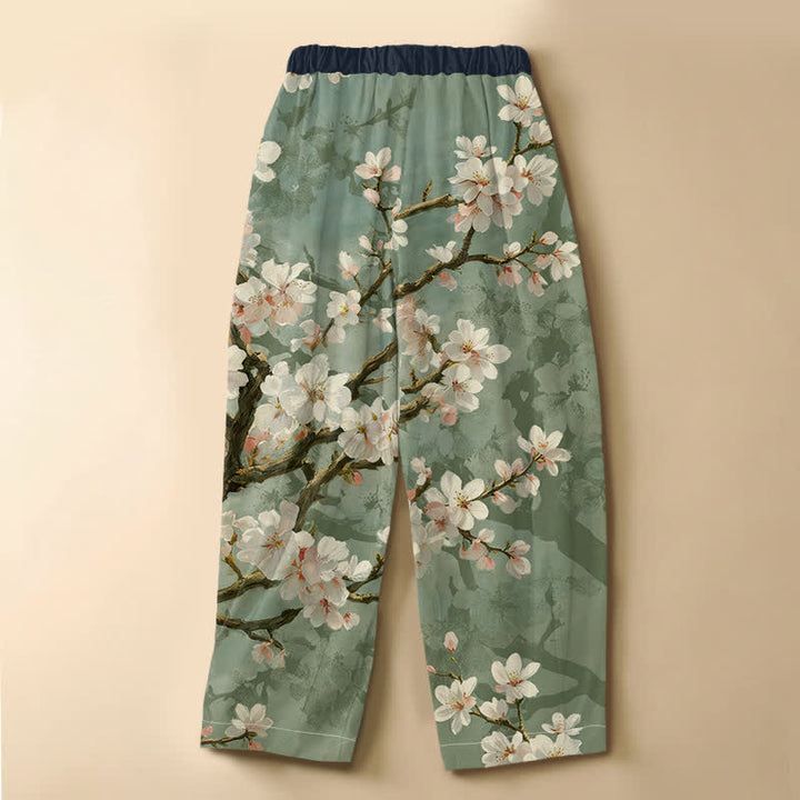 Buddha Stones Pure Cotton Vintage Sakura Branch Pattern Frog Button Women's Elastic Waist Harem Pants With Pockets - image 8