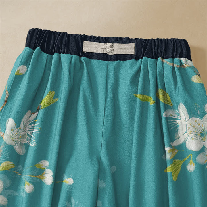 Buddha Stones Pure Cotton Vintage Floral Branch Pattern Frog Button Women's Elastic Waist Harem Pants With Pockets - image 2