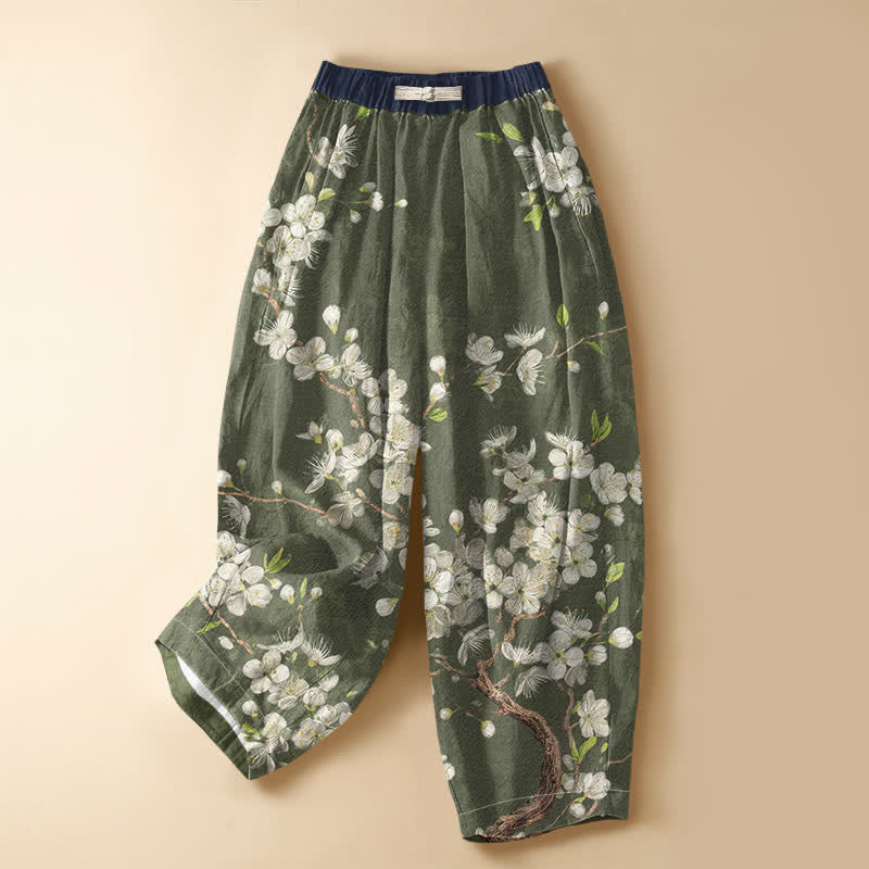 Buddha Stones Pure Cotton Vintage Floral Branch Pattern Frog Button Women's Elastic Waist Harem Pants With Pockets - DarkOliveGreen - US16，UK/AU20，EU48 (3XL) - image 7
