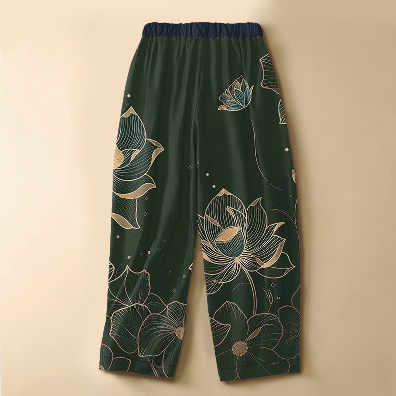 Buddha Stones Pure Cotton Lotus Bloom Pattern Frog Button Women's Elastic Waist Harem Pants With Pockets - image 6