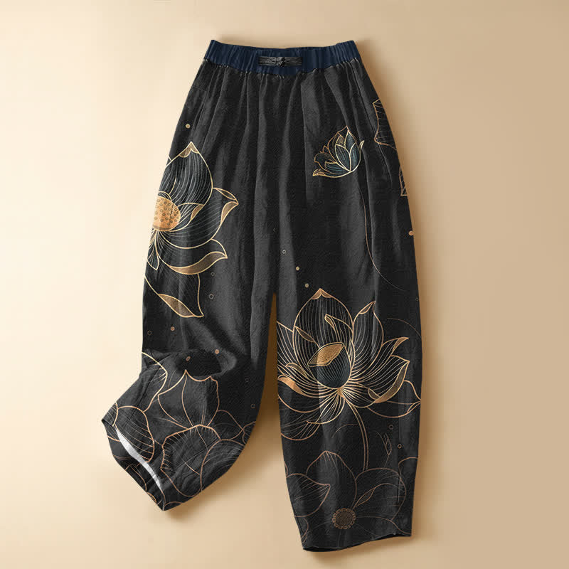 Buddha Stones Pure Cotton Lotus Bloom Pattern Frog Button Women's Elastic Waist Harem Pants With Pockets - Black - US16，UK/AU20，EU48 (3XL) - image 7
