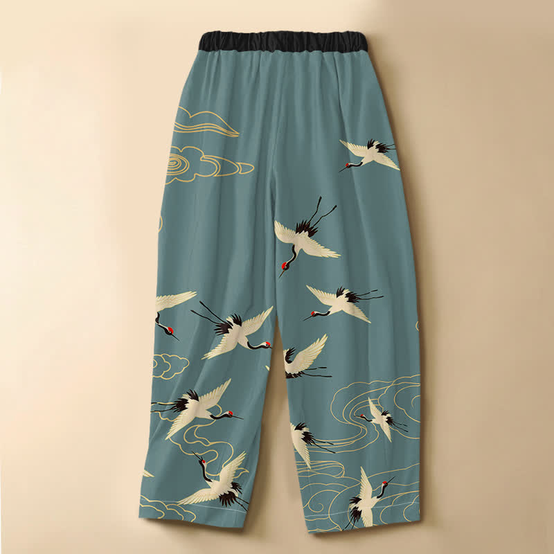 Buddha Stones Pure Cotton Elegant Crane Cloud Pattern Frog Button Women's Elastic Waist Harem Pants With Pockets - image 1
