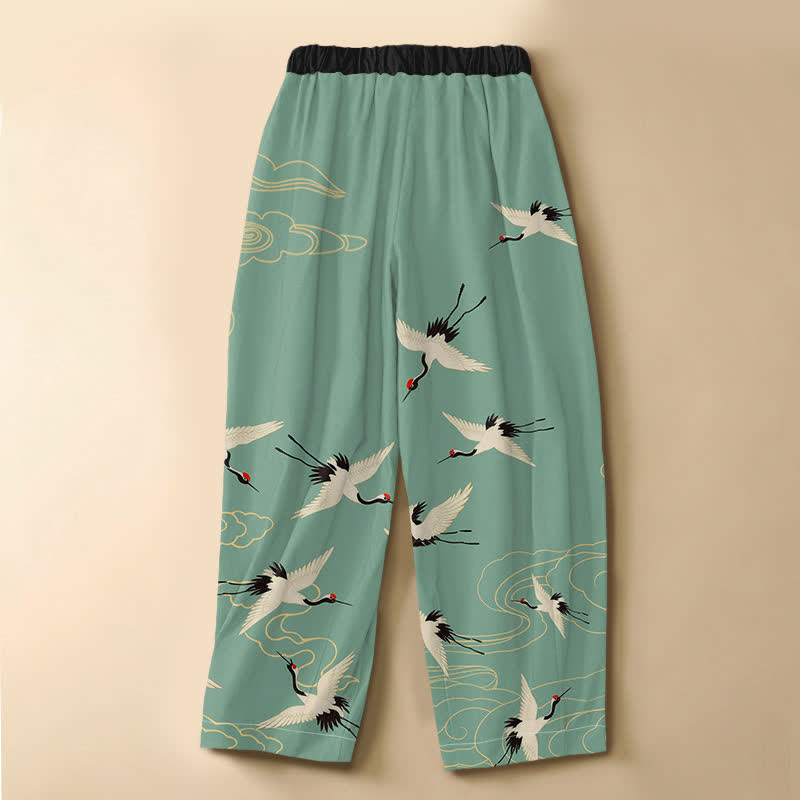 Buddha Stones Pure Cotton Elegant Crane Cloud Pattern Frog Button Women's Elastic Waist Harem Pants With Pockets - image 8