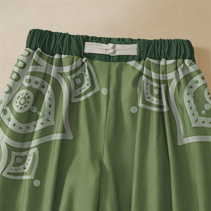 Buddha Stones Pure Cotton Bohemian White Mandala Pattern Frog Button Women's Elastic Waist Harem Pants With Pockets - image 2