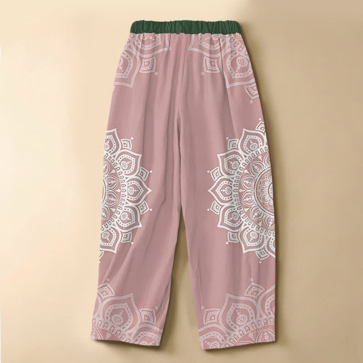 Buddha Stones Pure Cotton Bohemian White Mandala Pattern Frog Button Women's Elastic Waist Harem Pants With Pockets - image 6