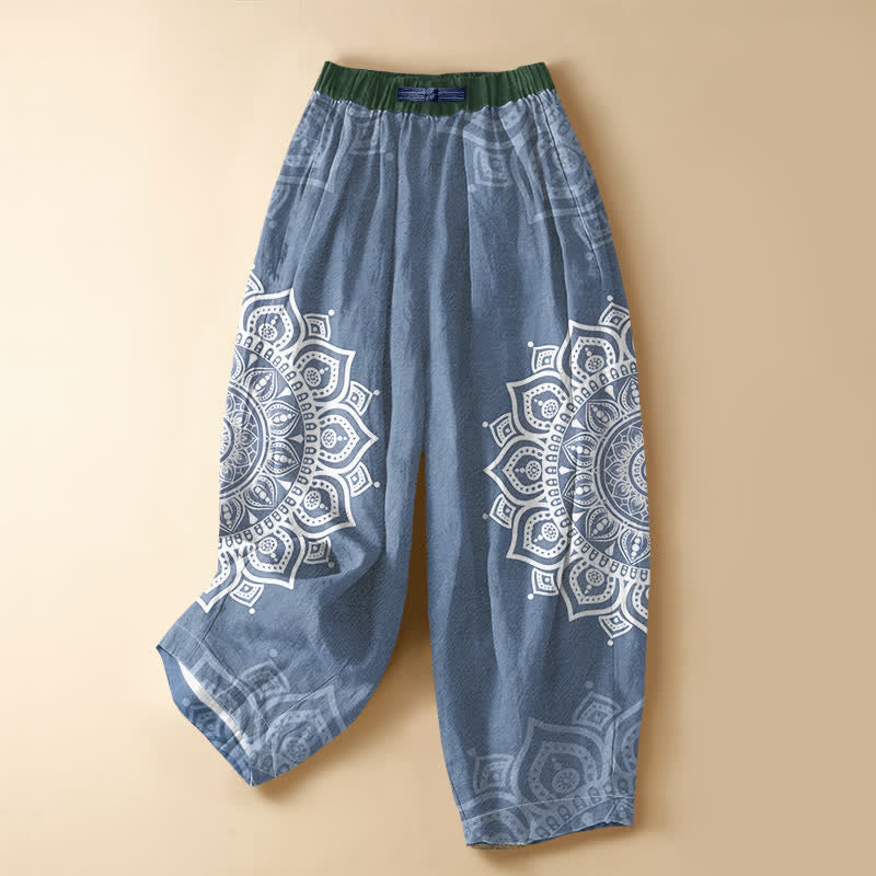 Buddha Stones Pure Cotton Bohemian White Mandala Pattern Frog Button Women's Elastic Waist Harem Pants With Pockets - SteelBlue - US16，UK/AU20，EU48 (3XL) - image 7