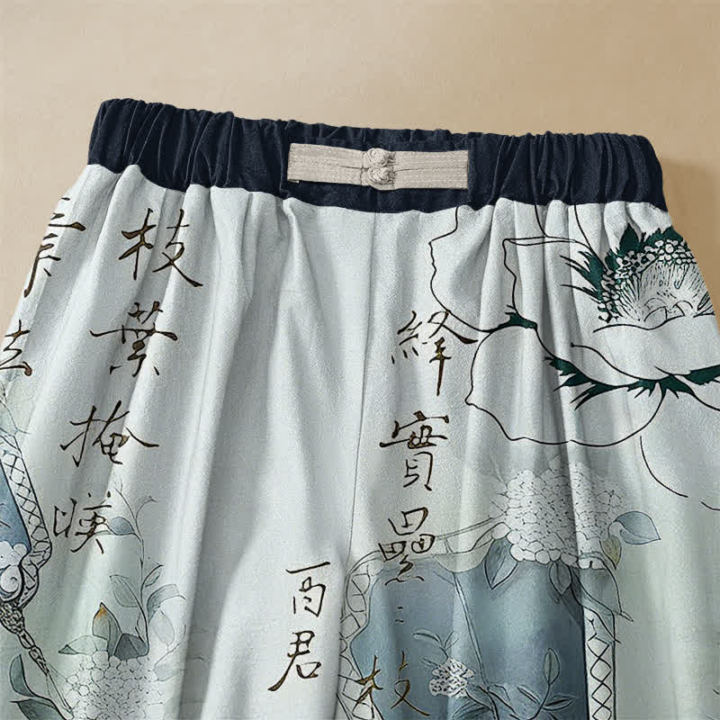 Buddha Stones Pure Cotton Oriental Floral Ink Wash Pattern Frog Button Women's Elastic Waist Harem Pants With Pockets - image 2