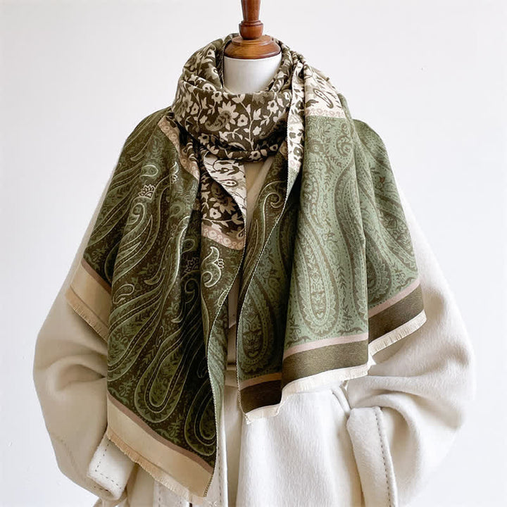 Buddha Stones Spring Fall Paisley Floral Vines Reversible Pattern Shawl - DarkOliveGreen - 180*65cm - image 0