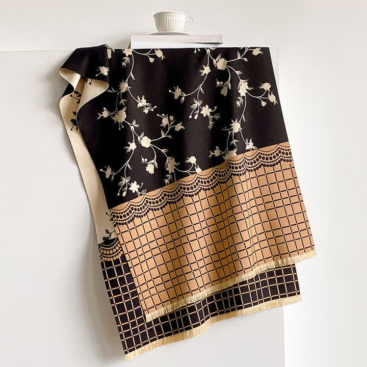 Buddha Stones Spring Fall Vintage Floral Vine Checked Pattern Shawl - Black - 180*65cm - image 8