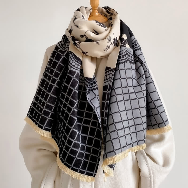 Buddha Stones Spring Fall Vintage Floral Vine Checked Pattern Shawl - image 7