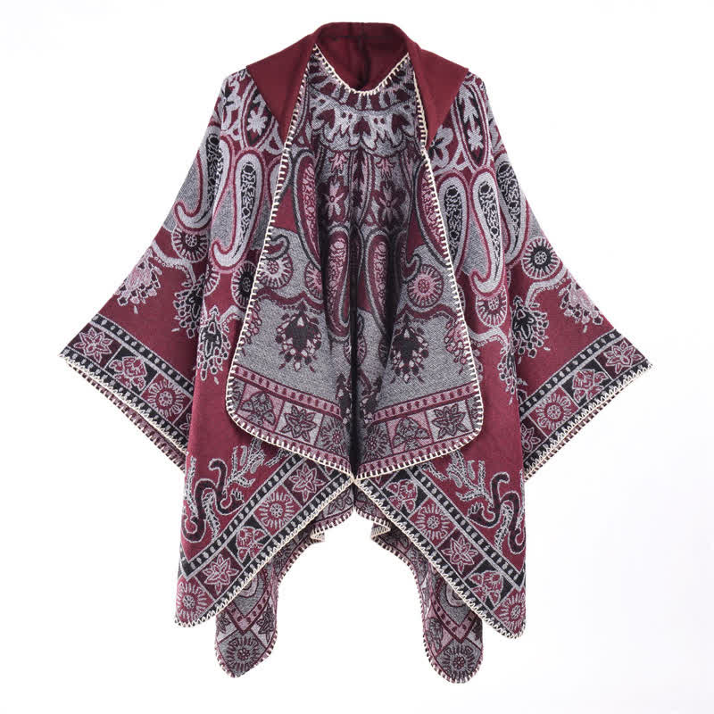 Buddha Stones Fall Winter Hooded Paisley Geometric Boho Poncho Style Shawl - image 21