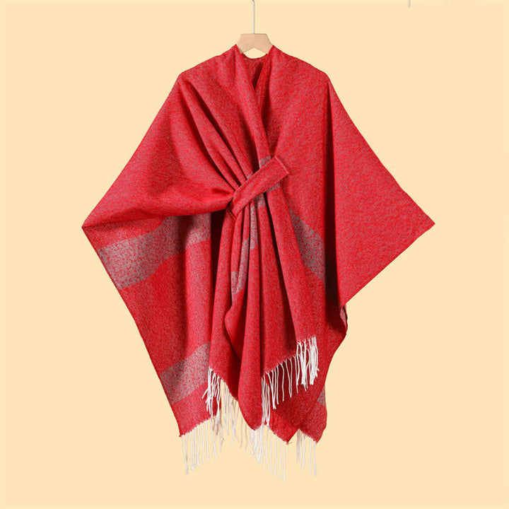Buddha Stones Fall Winter Boho Striped Tassel Buckle Design Cozy Shawl - Crimson - 130x150cm - image 5