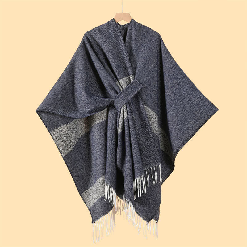 Buddha Stones Fall Winter Boho Striped Tassel Buckle Design Cozy Shawl - DimGray - 130x150cm - image 2