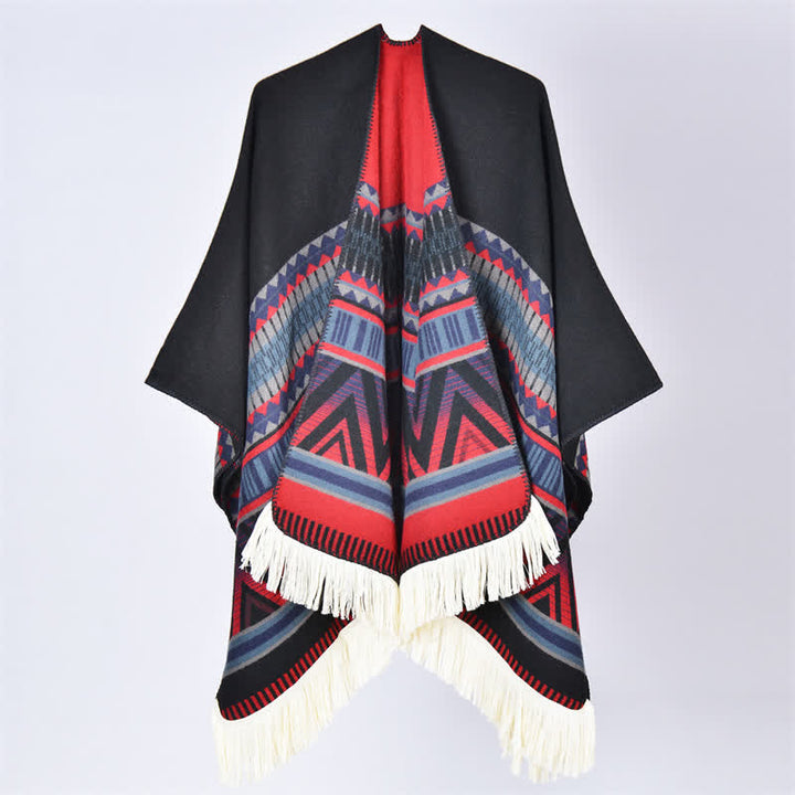 Buddha Stones Fall Winter Boho Geometric Floral Pattern Tassel Shawl - Geometric Black Red - 155*136cm - image 16
