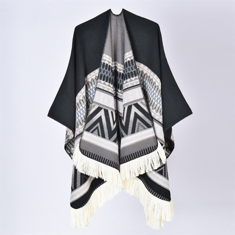 Buddha Stones Fall Winter Boho Geometric Floral Pattern Tassel Shawl - Geometric Black Grey - 155*136cm - image 3