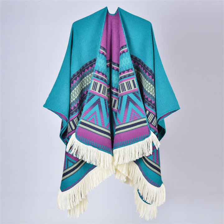 Buddha Stones Fall Winter Boho Geometric Floral Pattern Tassel Shawl - Geometric Purple Green - 155*136cm - image 6