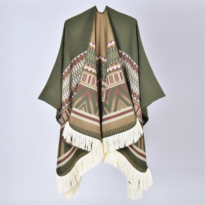Buddha Stones Fall Winter Boho Geometric Floral Pattern Tassel Shawl - Geometric Green - 155*136cm - image 18