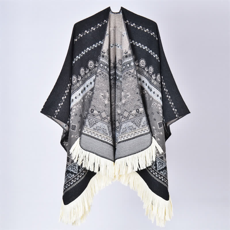 Buddha Stones Fall Winter Boho Geometric Floral Pattern Tassel Shawl - Flower Black Grey - 155*136cm - image 21