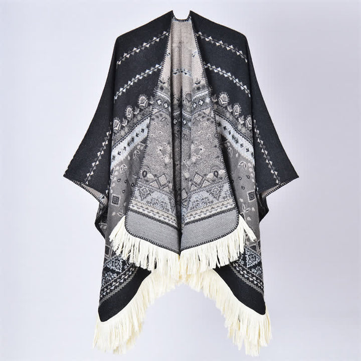 Buddha Stones Fall Winter Boho Geometric Floral Pattern Tassel Shawl - Flower Black Grey - 155*136cm - image 21