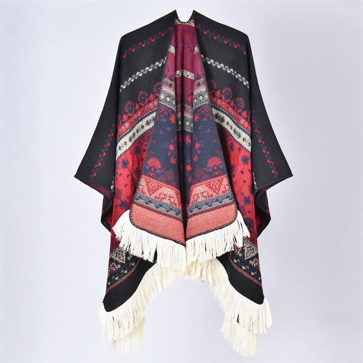 Buddha Stones Fall Winter Boho Geometric Floral Pattern Tassel Shawl - Flower Black Red - 155*136cm - image 28