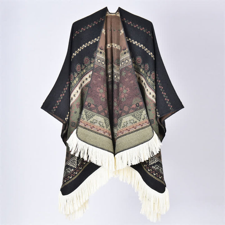 Buddha Stones Fall Winter Boho Geometric Floral Pattern Tassel Shawl - Flower Black Green - 155*136cm - image 23
