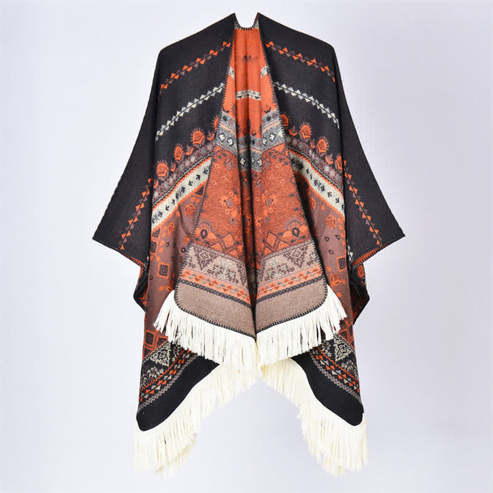 Buddha Stones Fall Winter Boho Geometric Floral Pattern Tassel Shawl - Flower Black Orange - 155*136cm - image 30