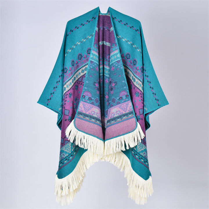 Buddha Stones Fall Winter Boho Geometric Floral Pattern Tassel Shawl - Flower Purple Green - 155*136cm - image 32