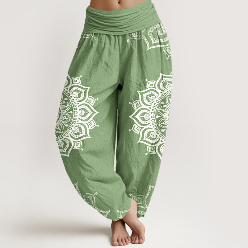 Buddha Stones Pure Cotton White Mandala Floral Pattern Women's Elastic Waist Harem Pants - LightGreen - US16，UK/AU20，EU48 (3XL) - image 0