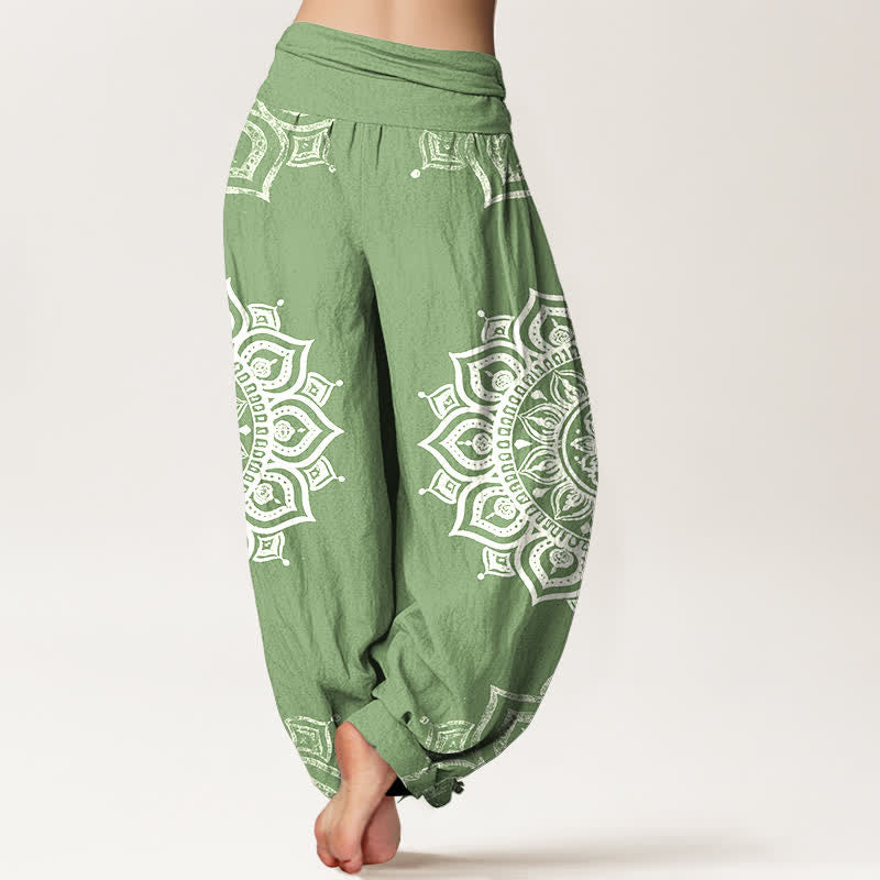 Buddha Stones Pure Cotton White Mandala Floral Pattern Women's Elastic Waist Harem Pants - image 1