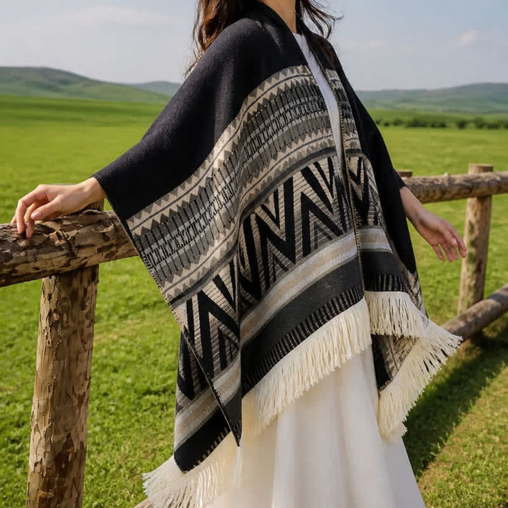 Buddha Stones Fall Winter Boho Geometric Floral Pattern Tassel Shawl - image 5