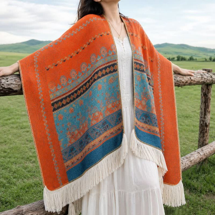Buddha Stones Fall Winter Boho Geometric Floral Pattern Tassel Shawl - image 27