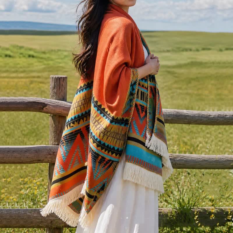Buddha Stones Fall Winter Boho Geometric Floral Pattern Tassel Shawl - image 2