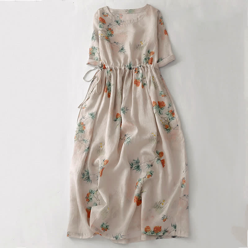 Buddha Stones Summer Vintage Drawstring Beige Floral Crew Neck Women's Short Sleeve Dress With Pocket - AntiqueWhite - US12, UK/AU16, EU44 (2XL) - image 0