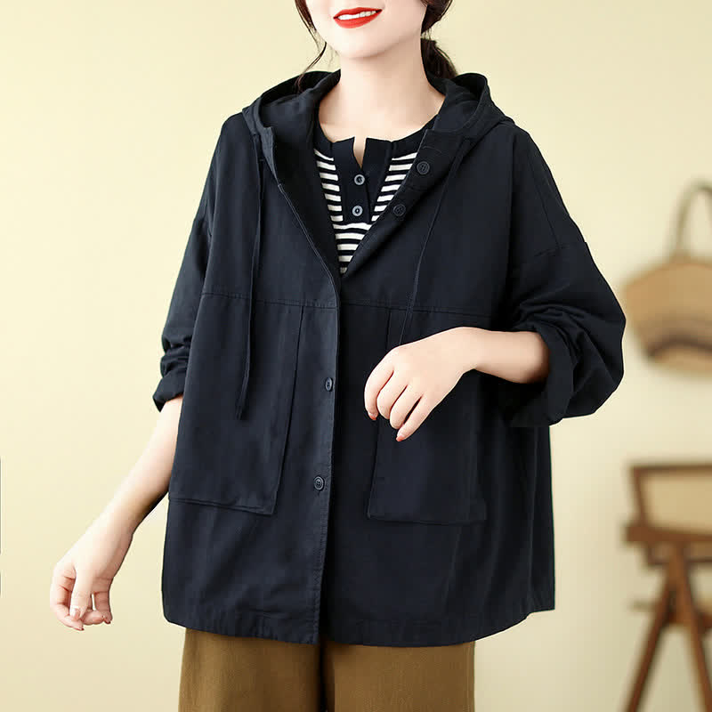 Buddha Stones Fall Casual Minimalist Drawstring Solid Women's Jacket With Pocket - Black - US12, UK/AU16, EU44 (XL) - image 9