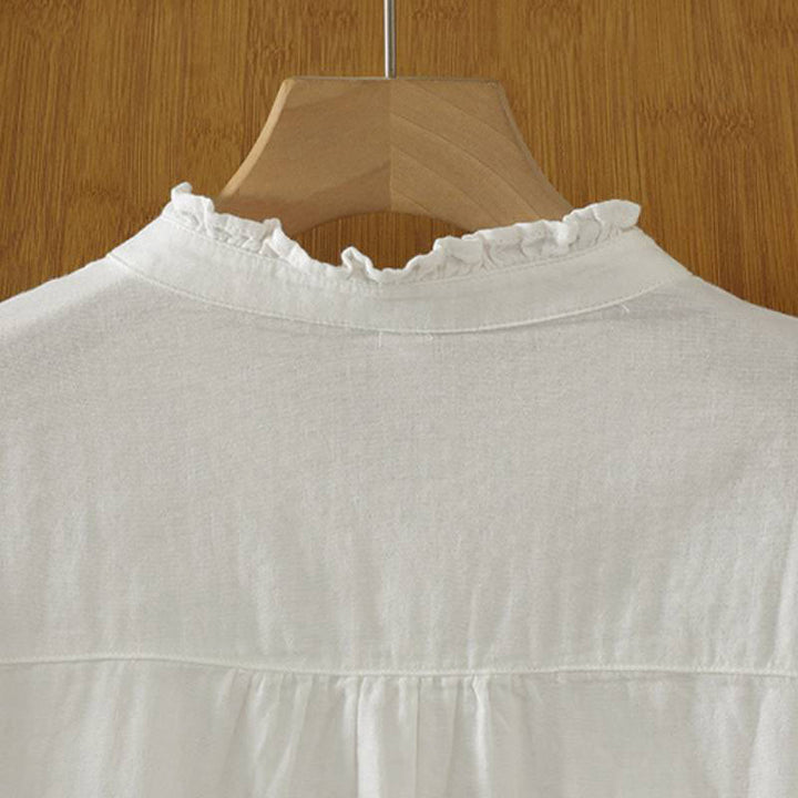 Buddha Stones Fall Vintage Elegant Button-Up Pleats Solid Cotton Women's Long Sleeve Shirts - image 11